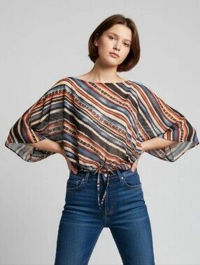 Chaps Multicolor Brushstroke Stripe Top in Blue, Cream & Rust